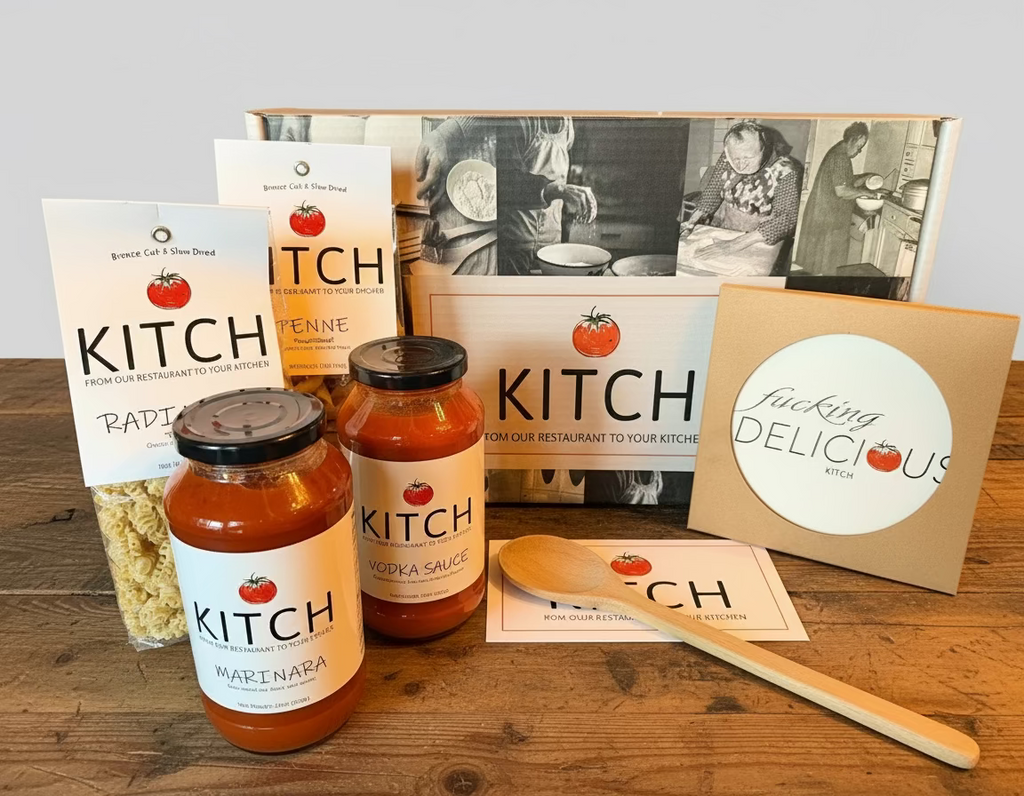 GIFT BOX with Vodka & Marinara Sauce, 2 lbs Pasta with F%$KING Delicious hot plate & a wooden spoon