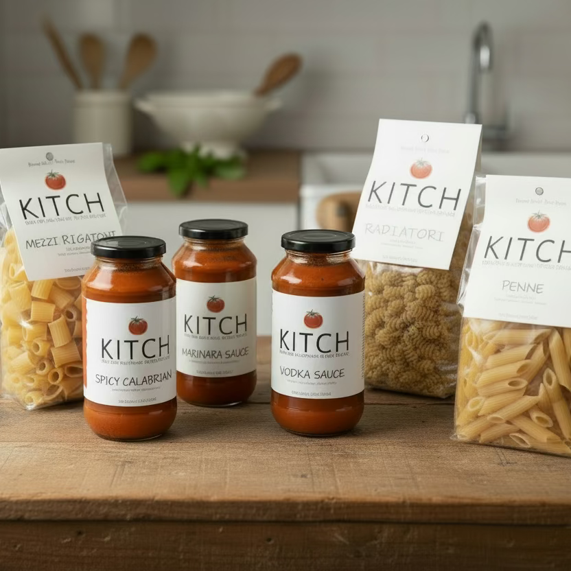 KITCH pasta and sauce products on a wooden surface with festive decorations.