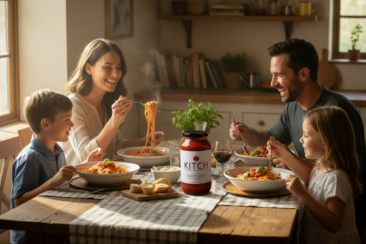 Family eating pasta with marinara jar on table