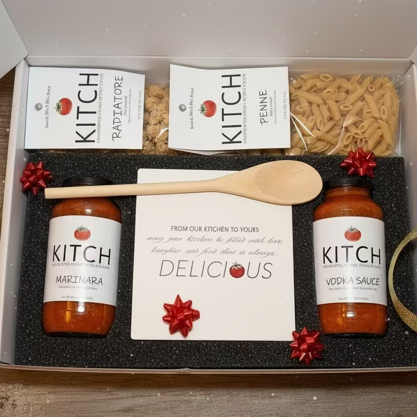 GIFT BOX with Vodka & Marinara Sauce, 2 lbs Pasta with love & laughter ceramic hot plate & a wooden spoon